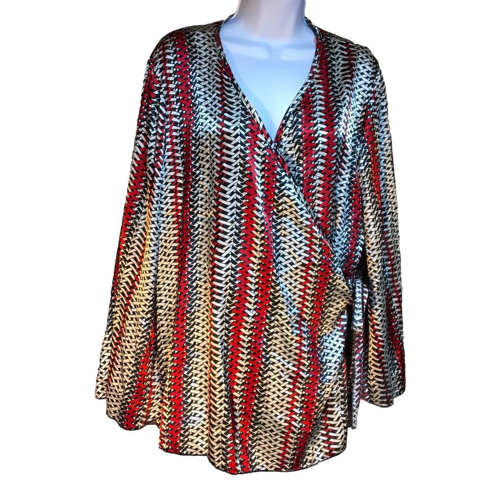 Ashley Stewart  Kimono Wrap Style  Top Sz 14 Red Black White Geometric Satin